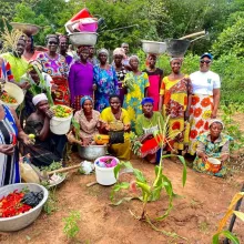 A vibrant gathering of women, including women with disabilities in traditional African attire poses with an assortment of fresh produce and cooking utensils. They appear to be in a garden or farm setting, celebrating or participating in a communal activity related to food preparation or harvest. Photo credits: Praise Nutakor, UNDP Ghana.