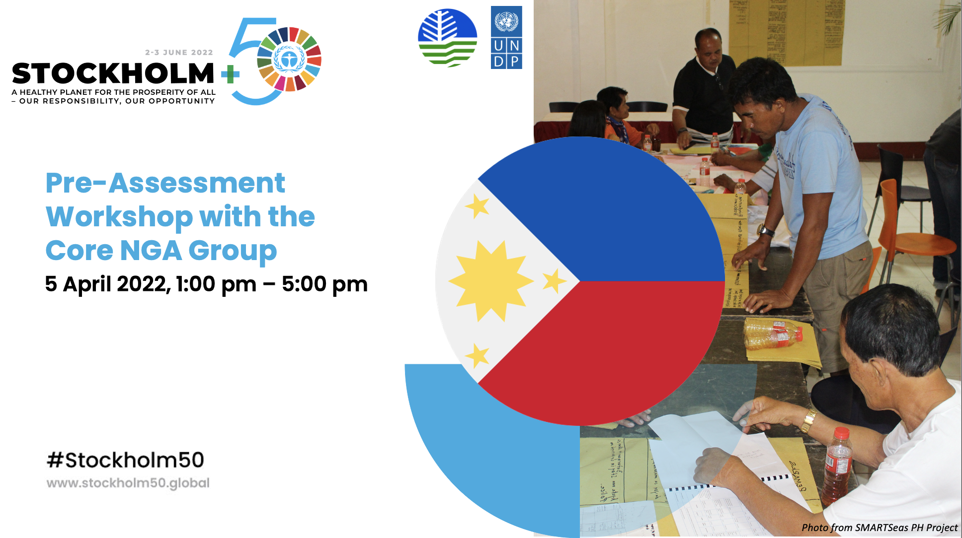 A Pre-Assessment Workshop will be beneficial for the following objectives: a) consolidate Philippine milestones from 1972 until the latest international convention/ conference; b) identify and agree on the focus thematic areas for the national consultations; and c) discuss the S+50 Leadership Dialogue questions.   To ensure these objectives are met, other sectoral Government Agencies including the Department of Foreign Affairs, Department of Energy, Department of Transportation and Department of Agriculture were also invited on top of the key line agencies.