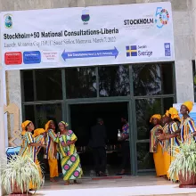Traditional dancers at the entrance of the Monrovia City Hall on March 7, 2022